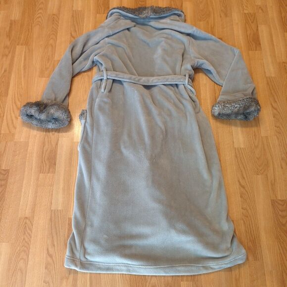 Pottery Barn Bathrobe Faux Fur Trim Gray Womens Long Plush Cozy - Picture 4 of 6
